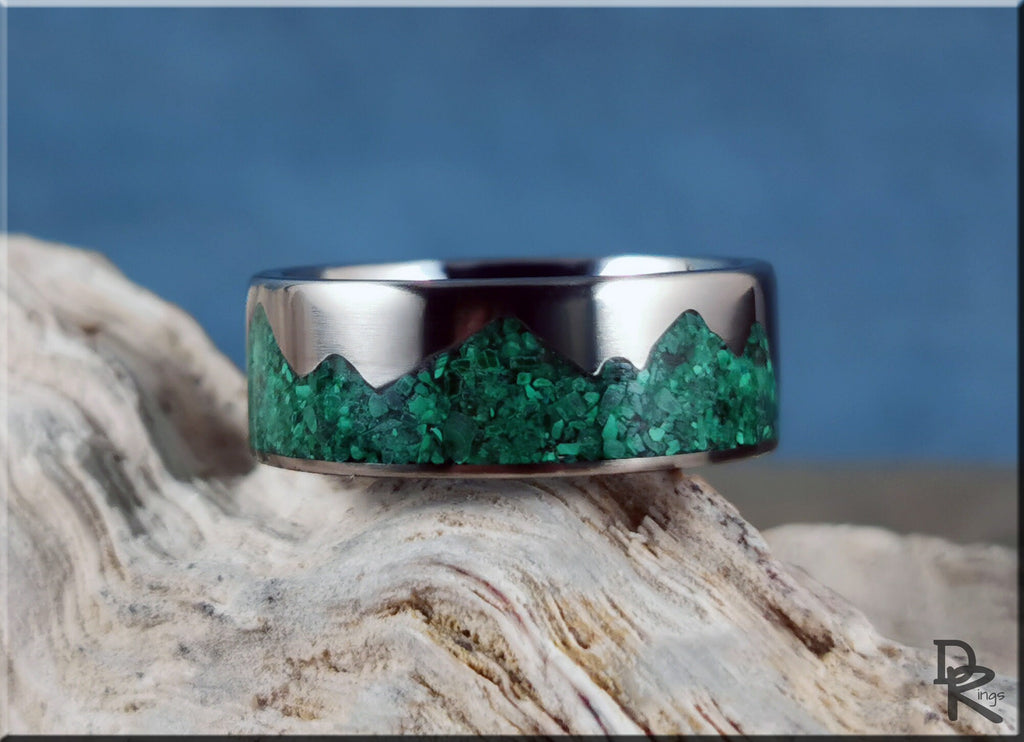 DR Rings titanium mountain ring with malachite inlay featuring green stone mountain design
