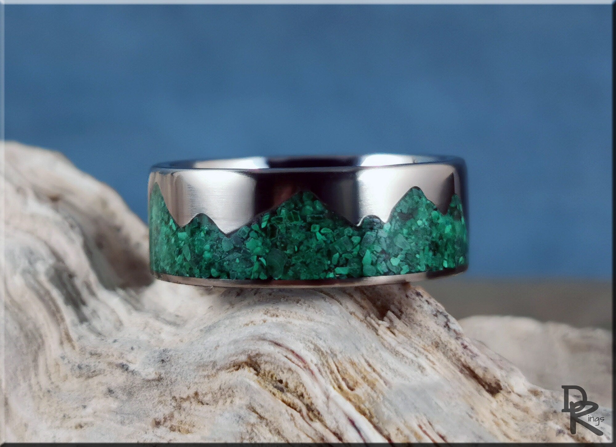 DR Rings titanium mountain ring with malachite inlay featuring green stone mountain design