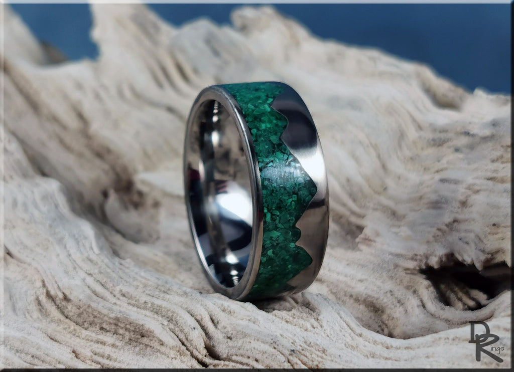 DR Rings titanium mountain ring with malachite featuring a polished silver band and green stone inlay