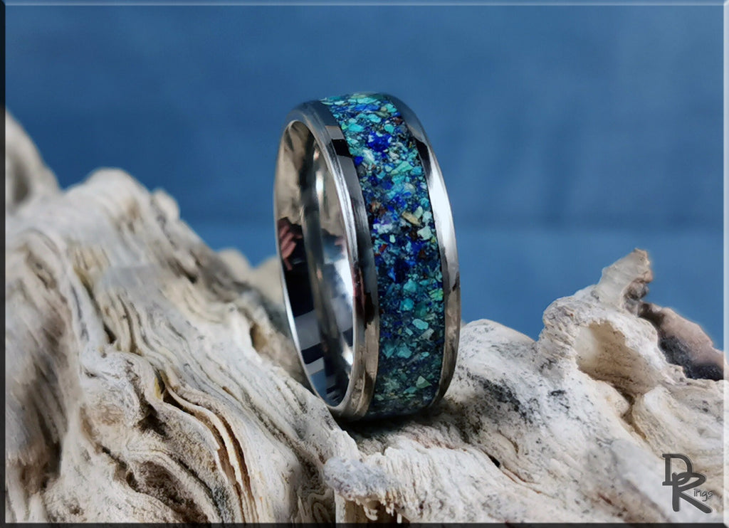 Titanium ring with azurite inlay featuring vibrant blue and green stones by DR Rings
