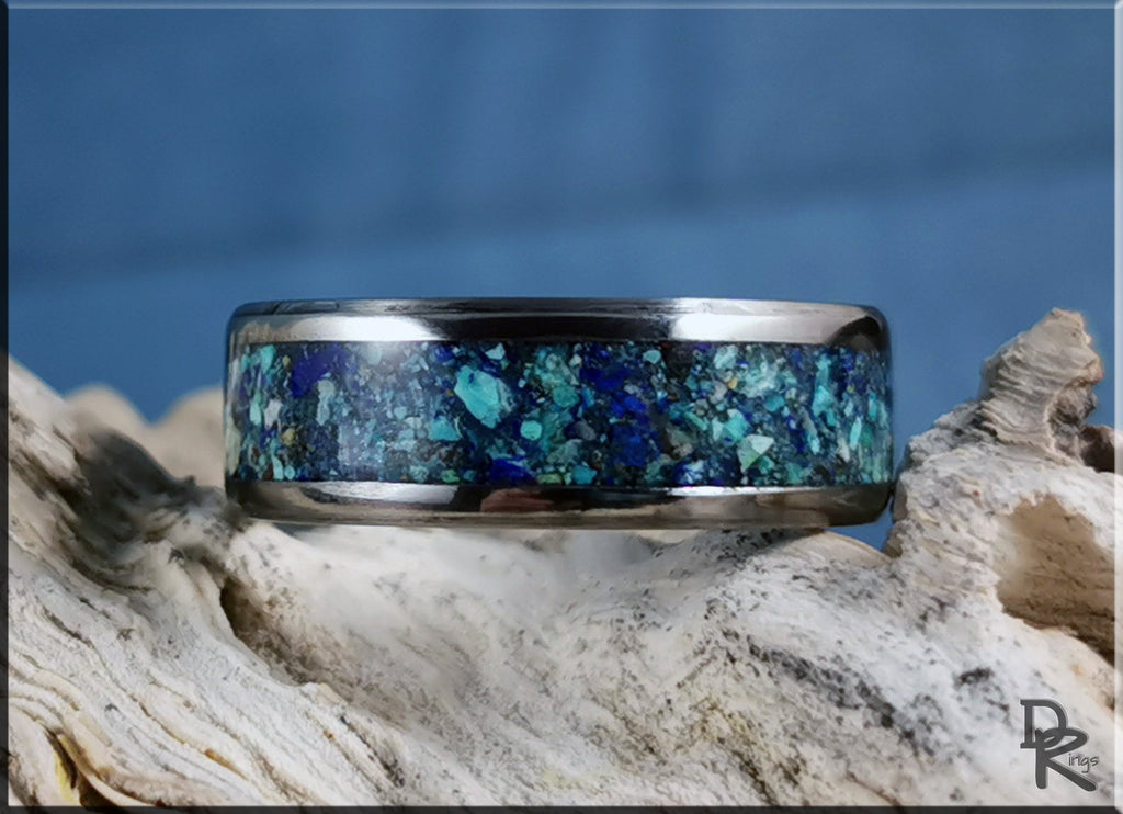 DR Rings titanium ring with azurite inlay featuring vibrant blue and green stone pattern