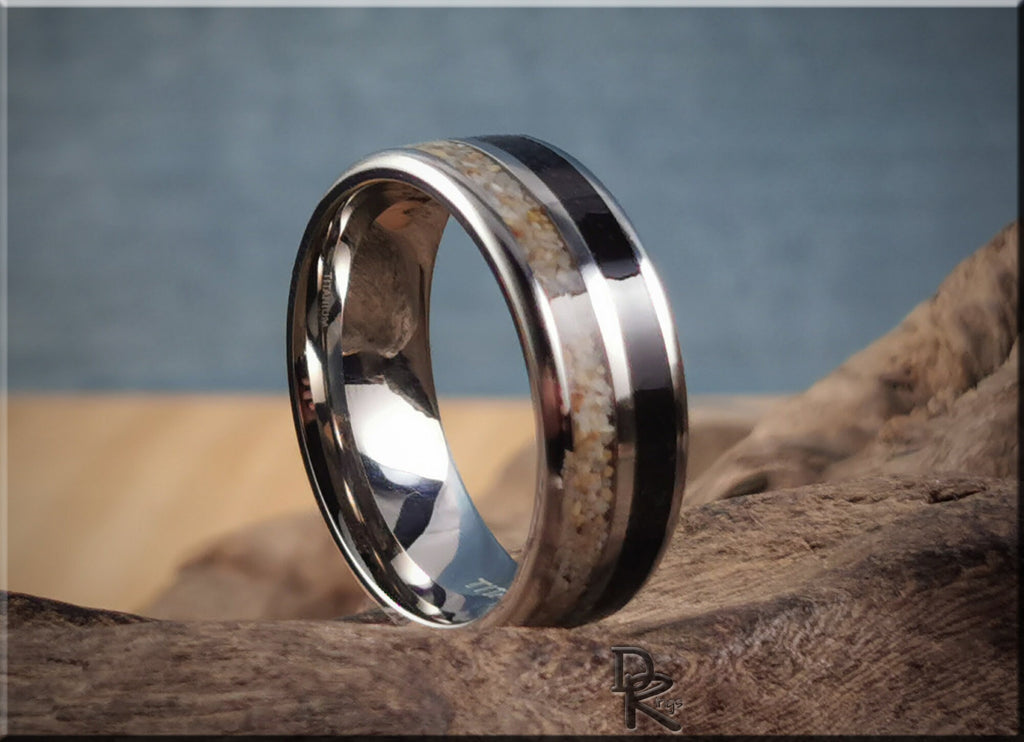 DR Rings titanium ring with dual sand inlays featuring polished silver and textured sand details