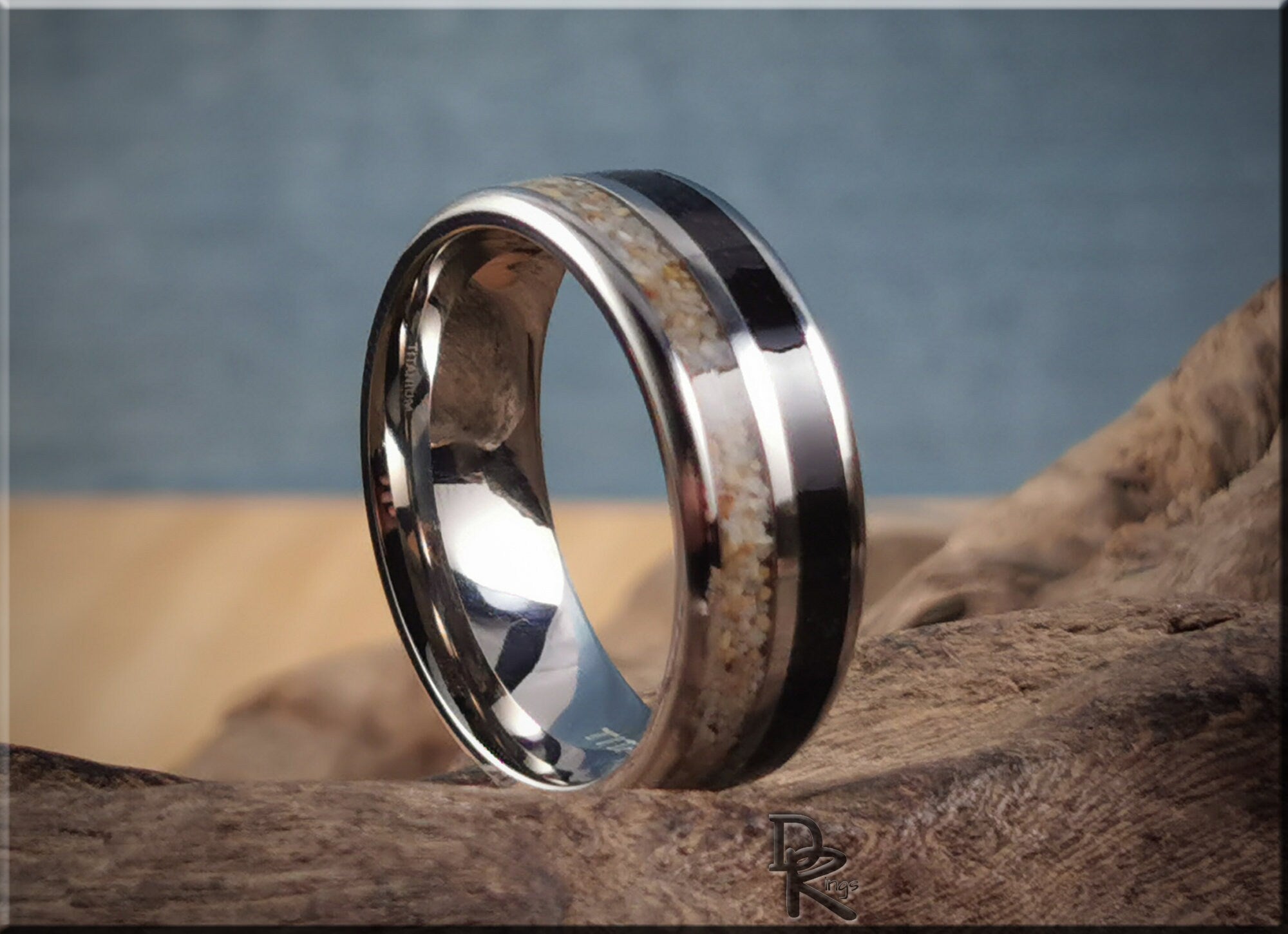 DR Rings titanium ring with dual sand inlays featuring polished silver and textured sand details