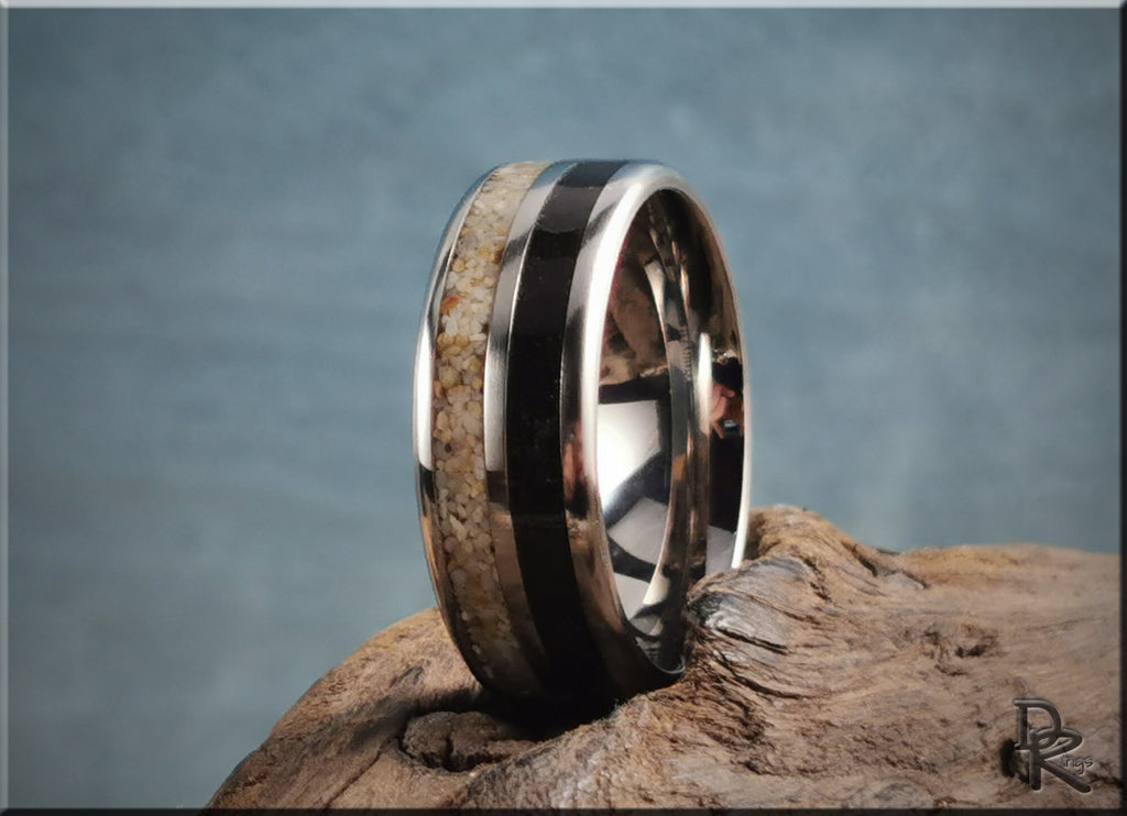 DR Rings titanium ring with dual sand inlays featuring polished silver edges and black center band