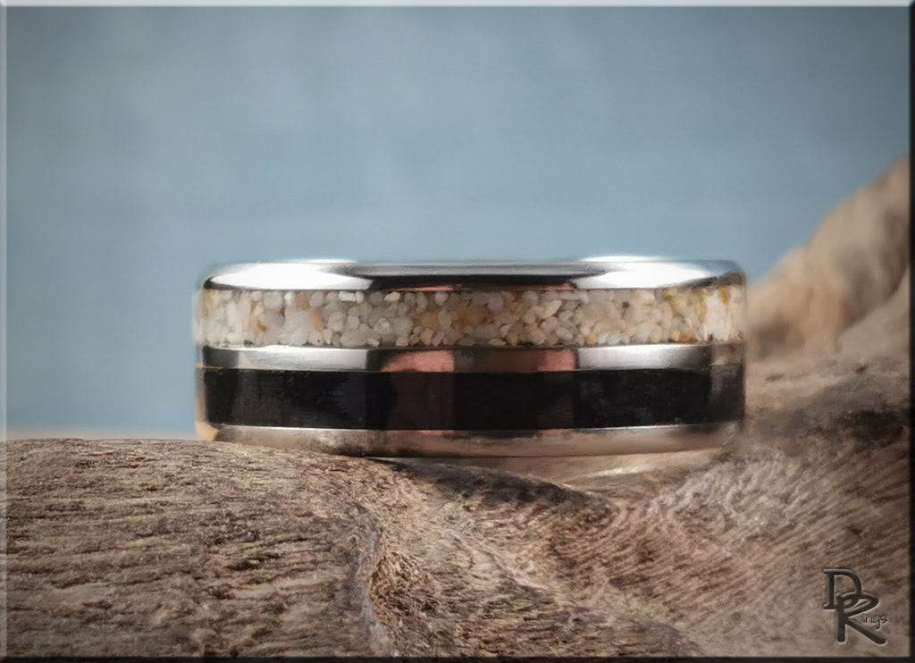 DR Rings titanium ring with dual sand inlays featuring light and dark sand layers on a silver band