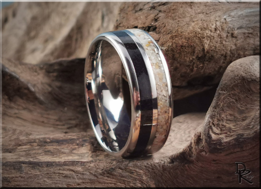 DR Rings titanium ring with dual sand inlays featuring polished silver edges and unique textured design