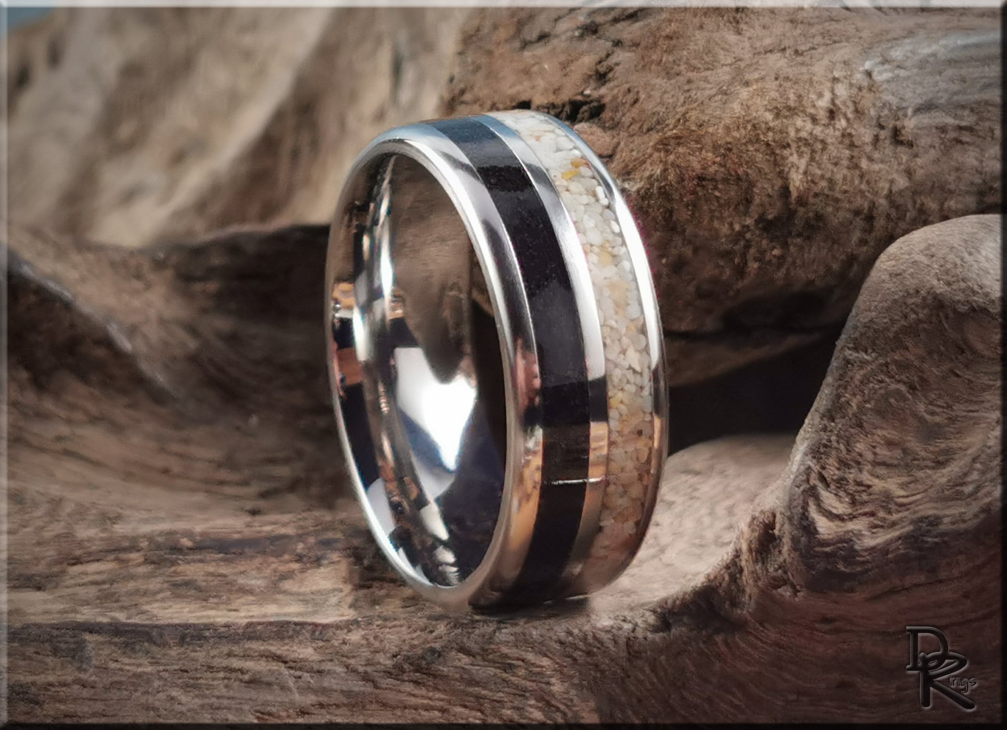 DR Rings titanium ring with dual sand inlays featuring polished silver edges and unique textured design