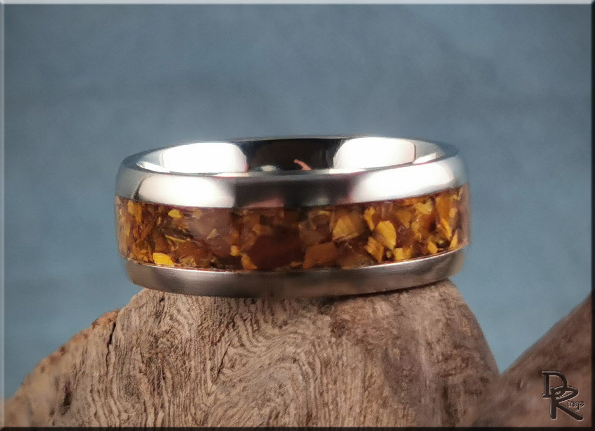 DR Rings titanium ring with inlay featuring brown wood chip design on silver band