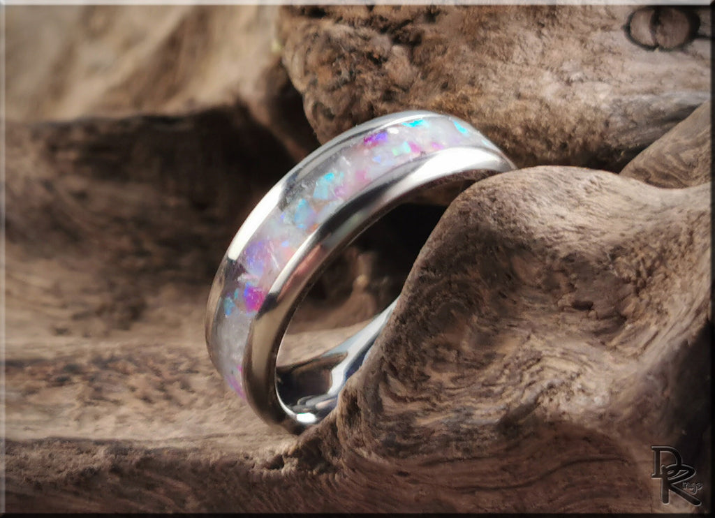 DR Rings titanium ring with inlay featuring iridescent colorful design on polished silver band