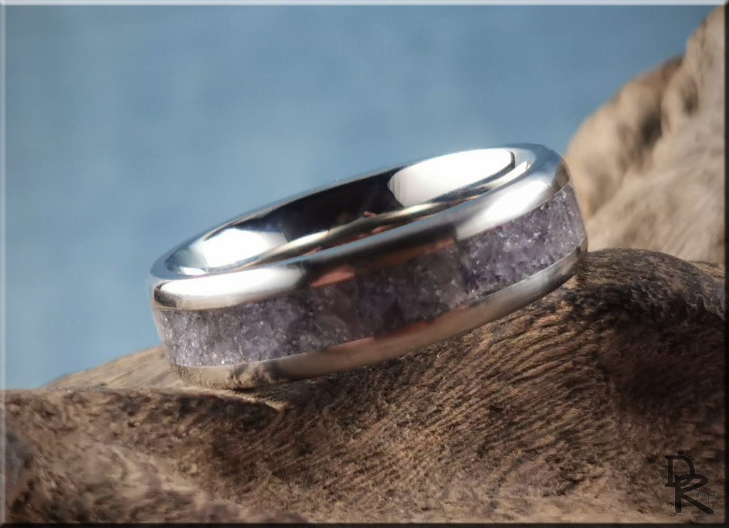 DR Rings titanium ring with inlay featuring a polished silver finish and textured purple stone inlay