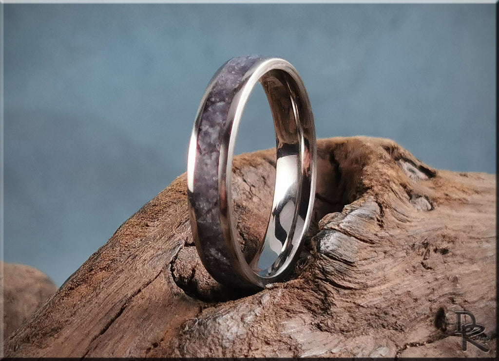 DR Rings titanium ring with inlay featuring a polished silver band and unique dark inlay design on wood background