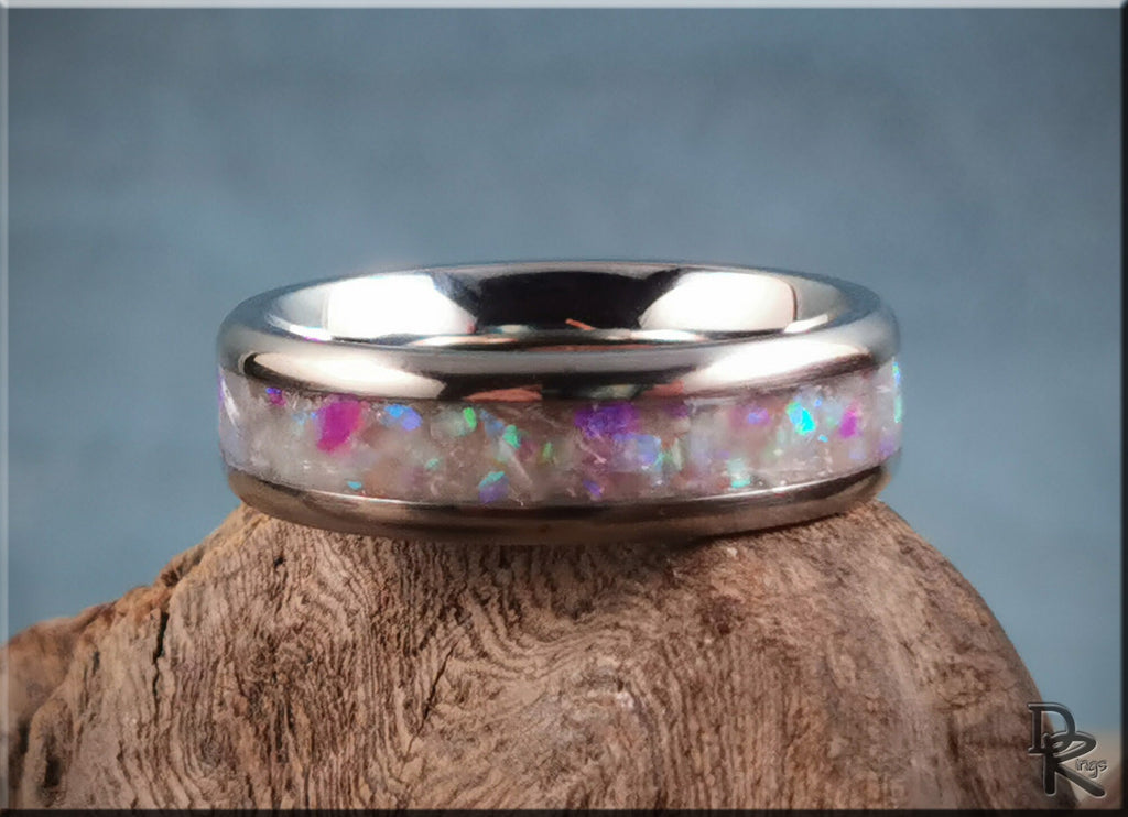 DR Rings titanium ring with inlay featuring colorful opal design set in polished metal band
