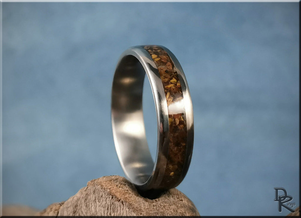DR Rings titanium ring with inlay featuring a polished silver band and brown textured inlay