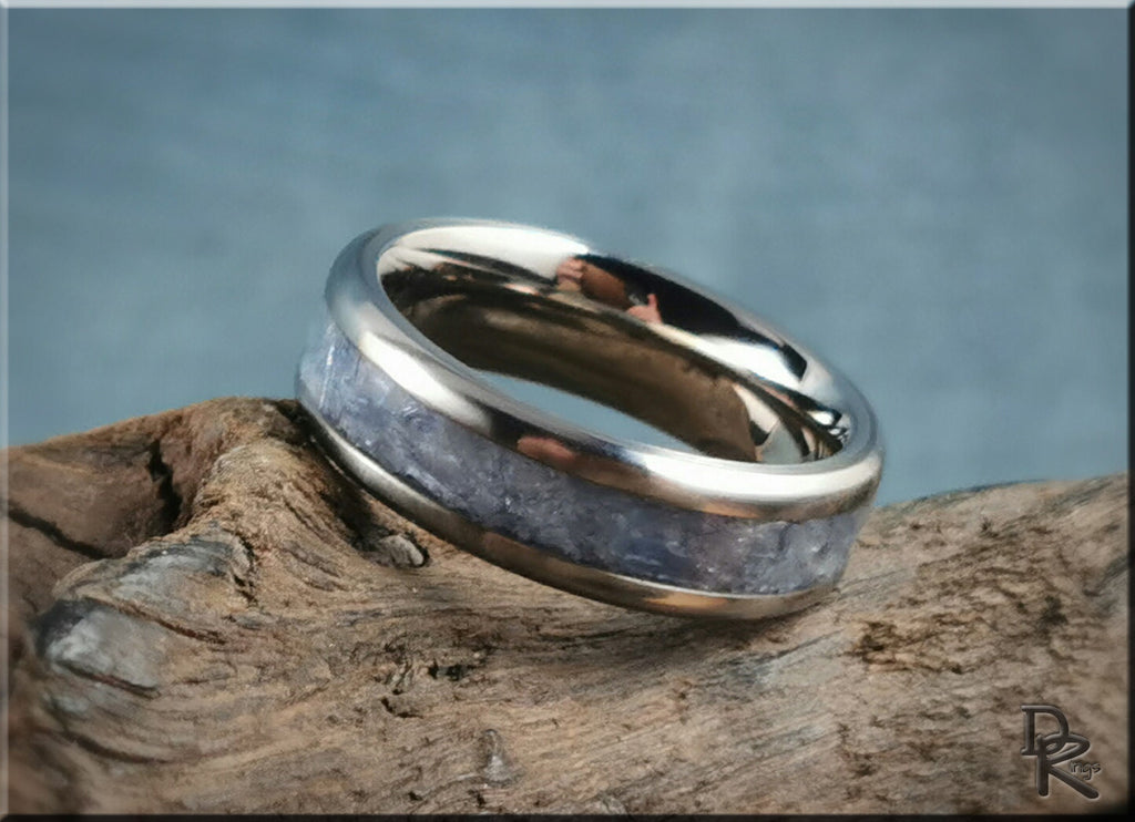 DR Rings titanium ring with kyanite stone inlay on rustic wooden surface