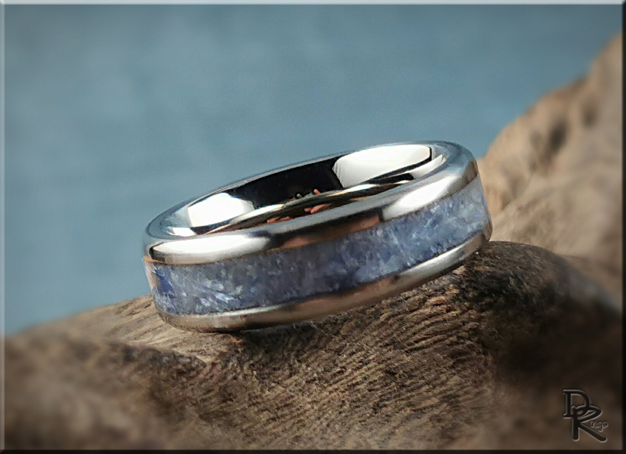 DR Rings titanium ring with kyanite blue stone inlay polished silver band
