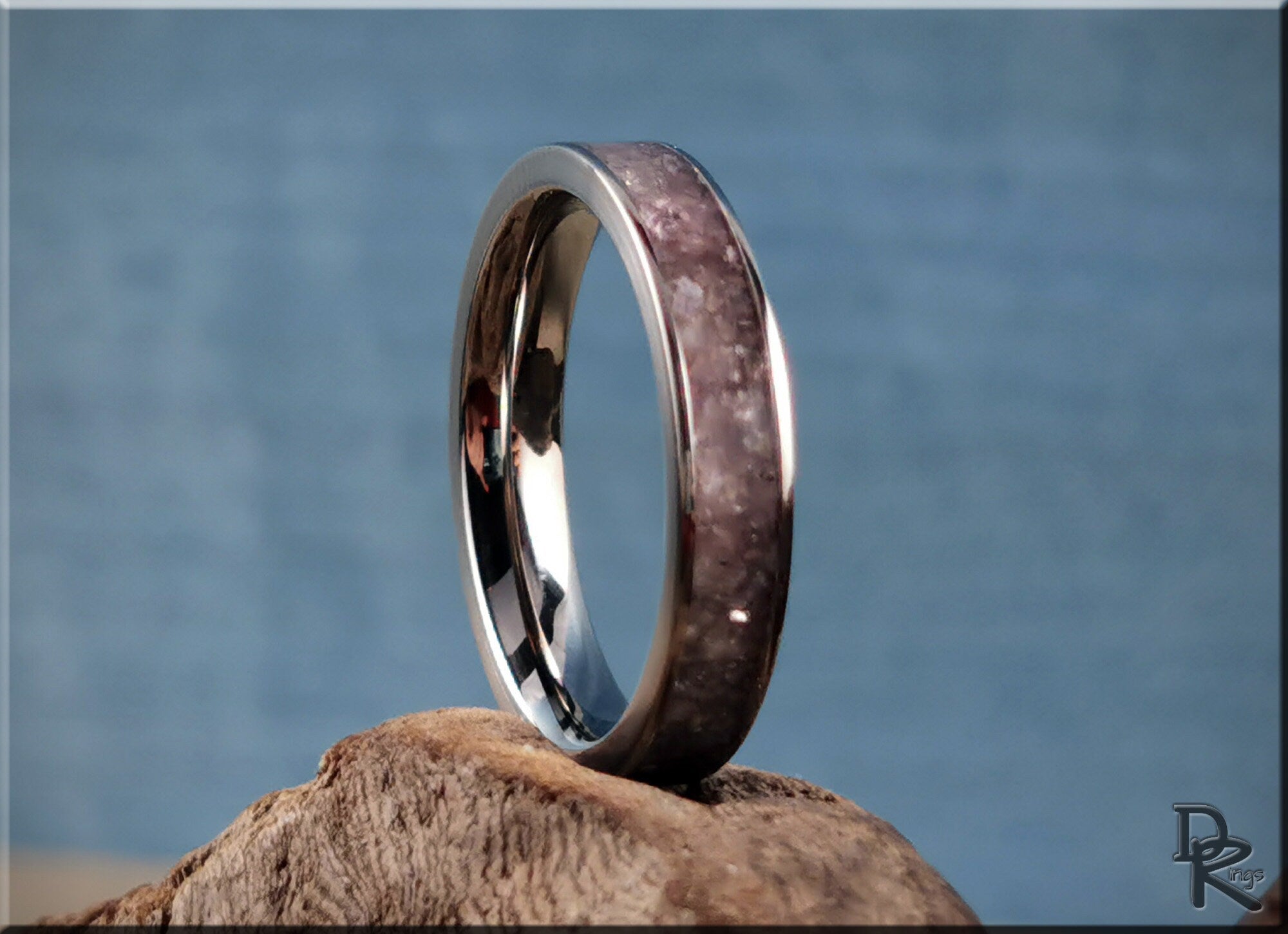 DR Rings titanium ring with lepidolite stone inlay showcasing polished metal and purple mineral detail