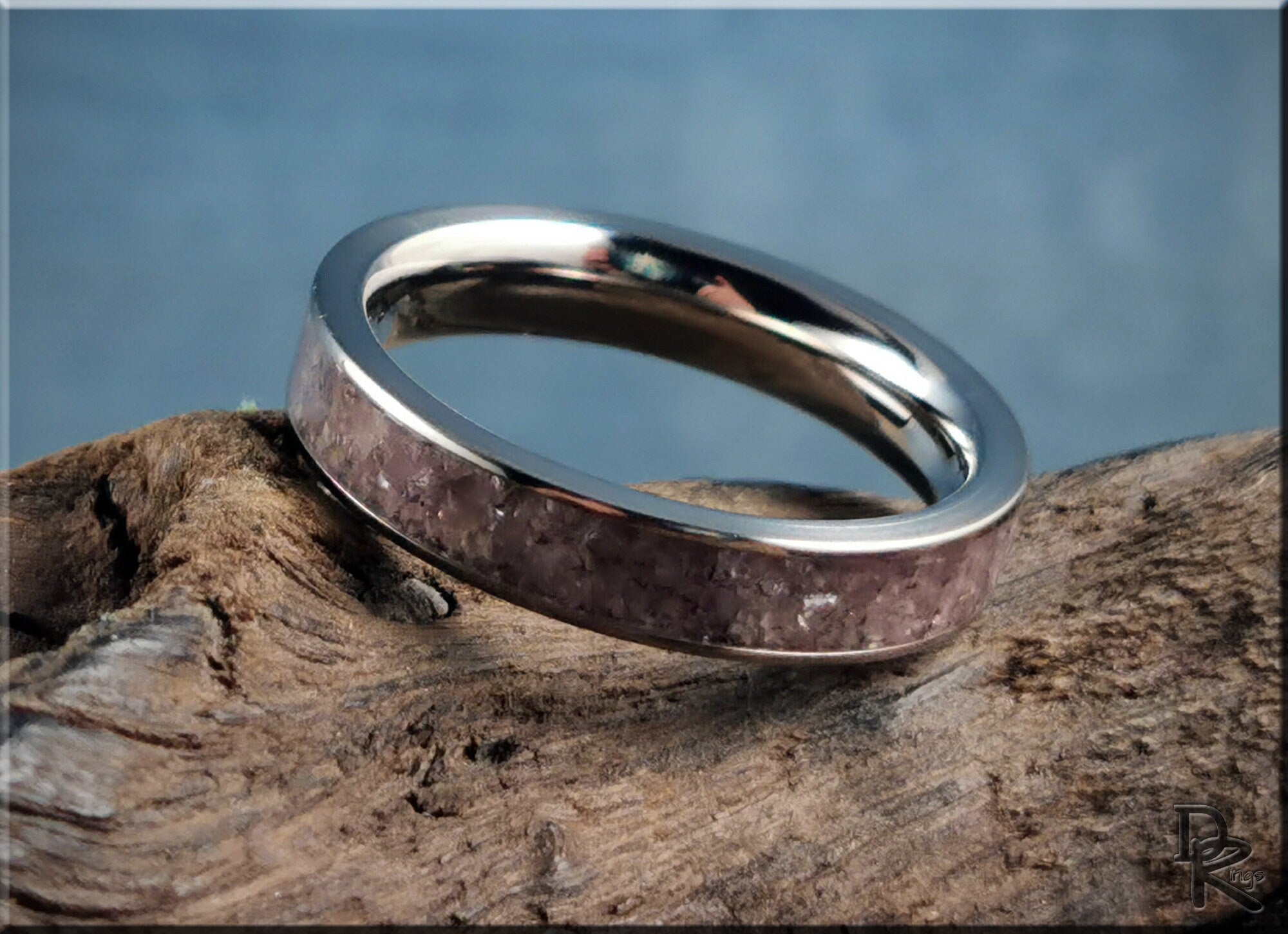 DR Rings titanium ring with lepidolite inlay featuring polished metal and natural stone texture