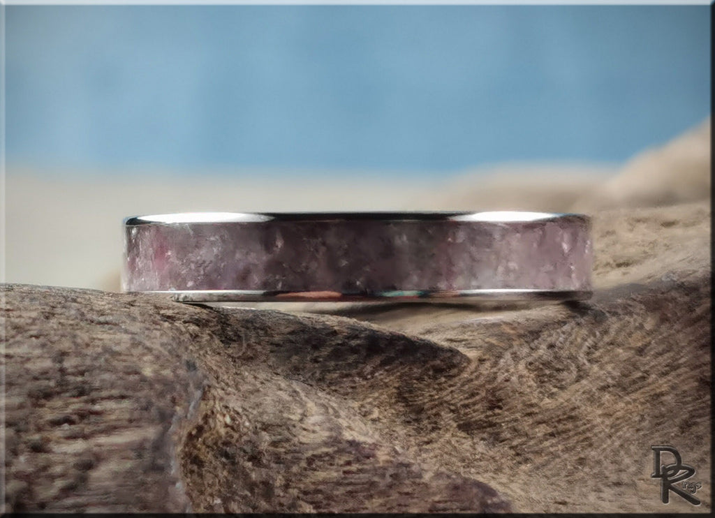 DR Rings titanium ring with lepidolite featuring a smooth purple stone inlay on polished metal