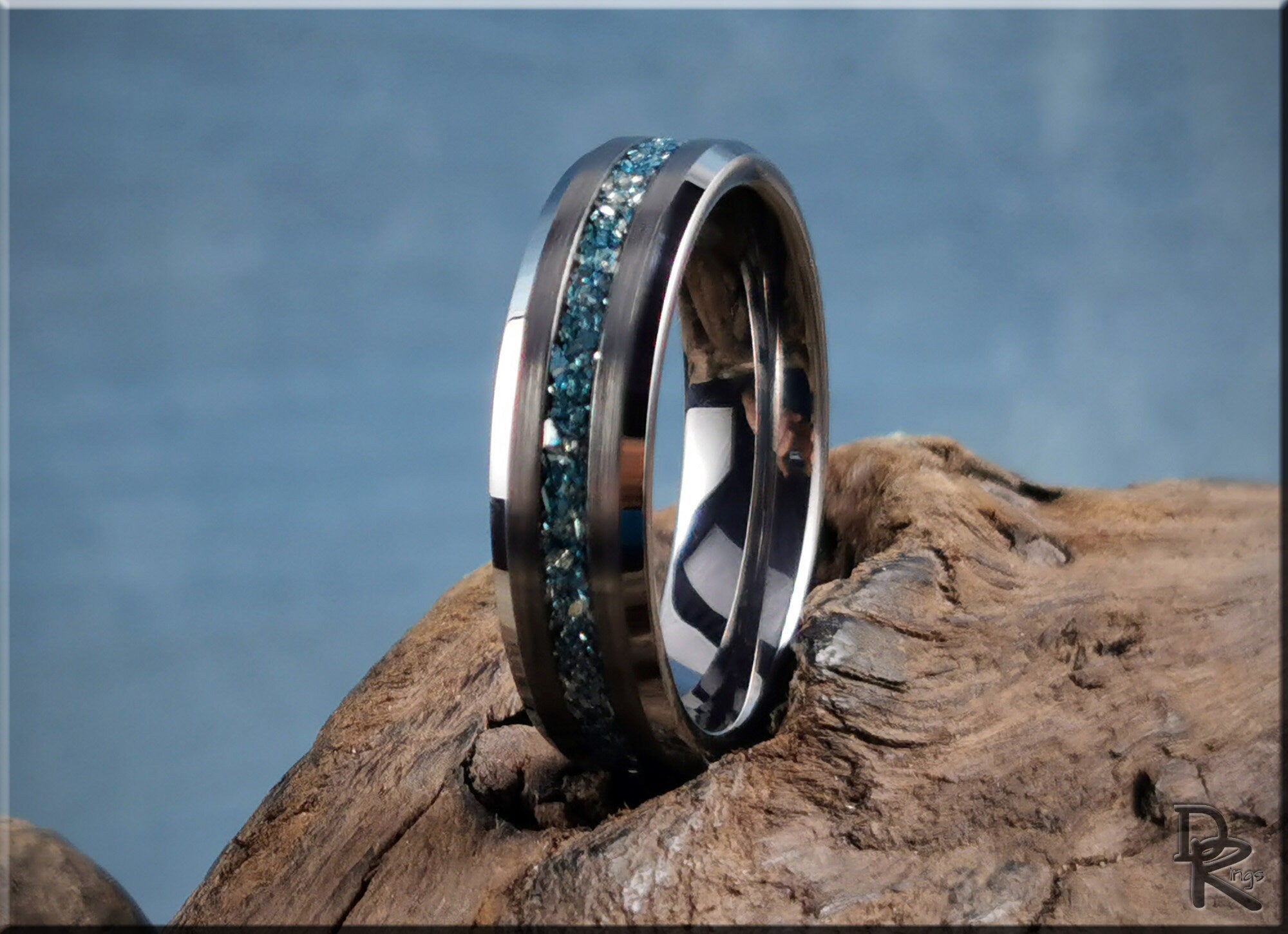 DR Rings tungsten as a ring with blue crushed stone inlay on polished silver band