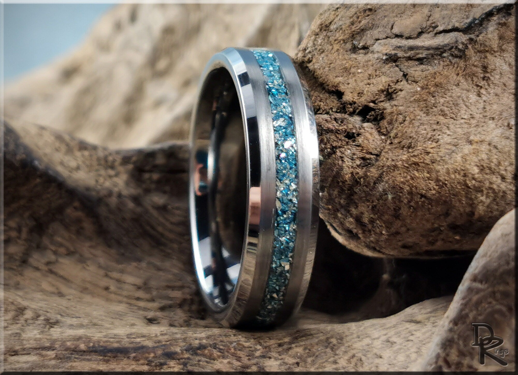 DR Rings tungsten as a ring with blue crushed stone inlay and polished silver edges