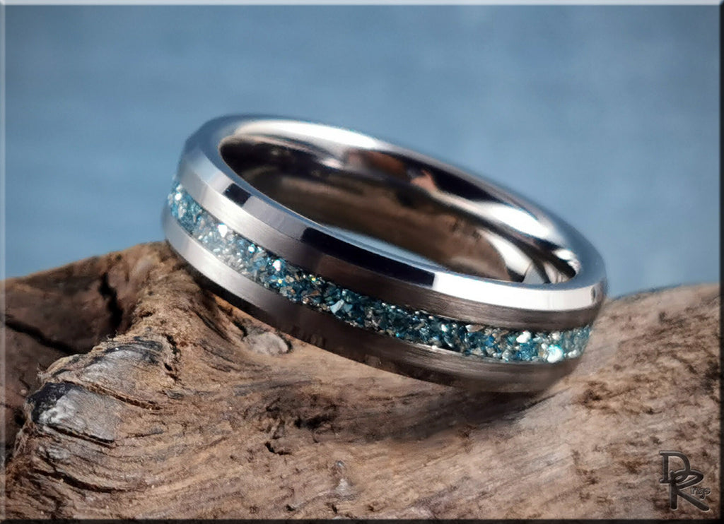 DR Rings tungsten as a ring with blue crushed stone inlay on a polished silver band