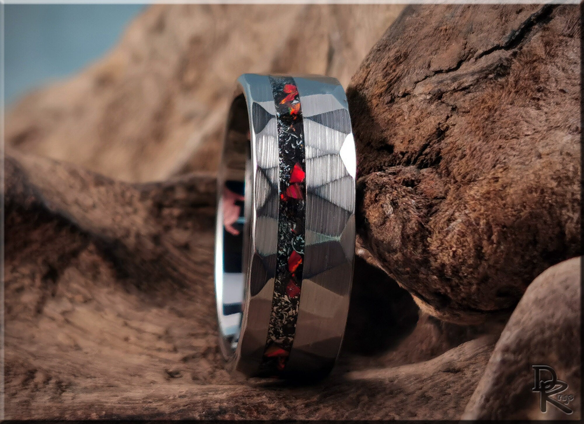 DR Rings tungsten as a ring with faceted silver band and red and black inlay detail