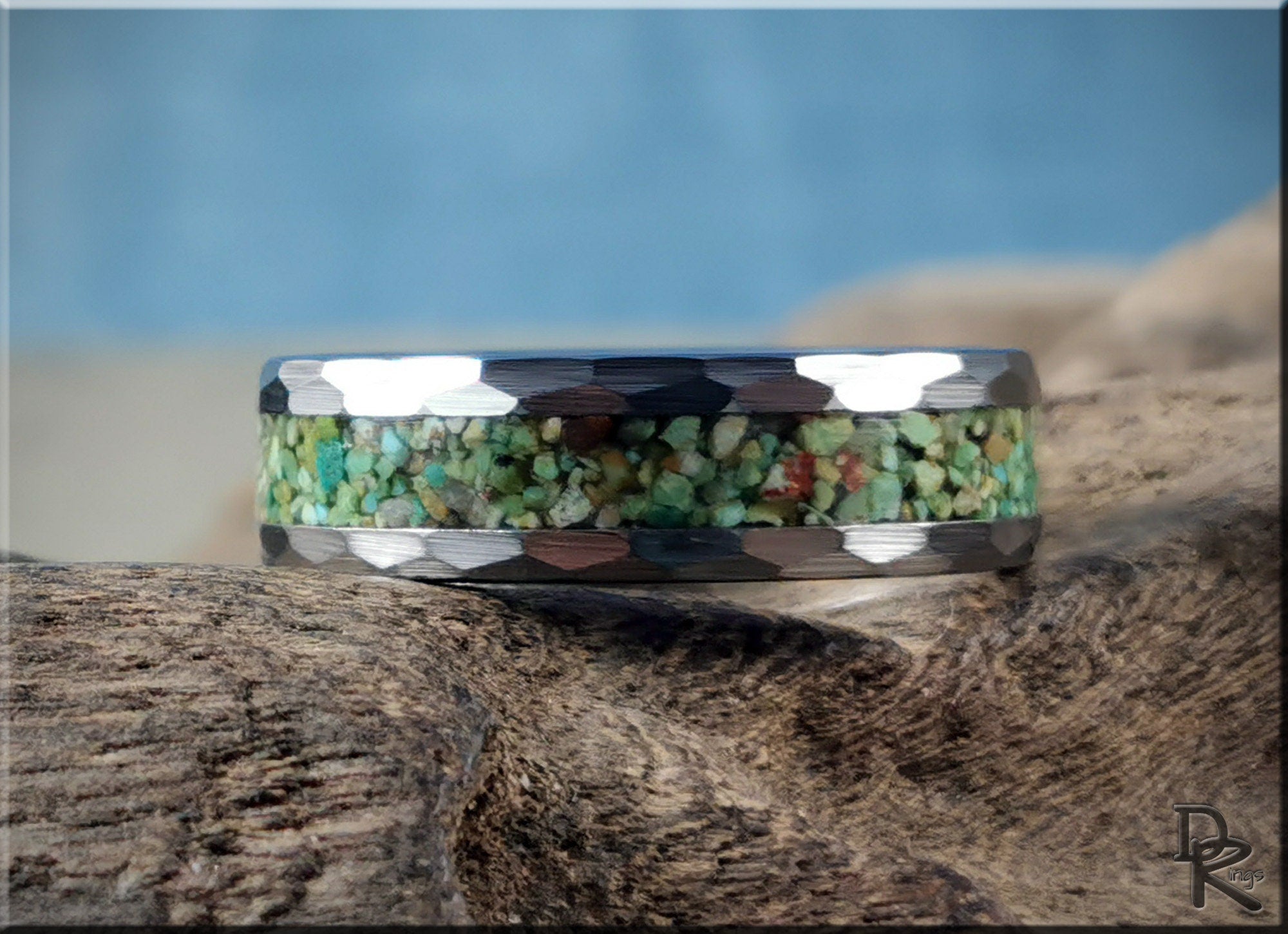 DR Rings tungsten as a ring with green and brown crushed stone inlay and hammered silver edges