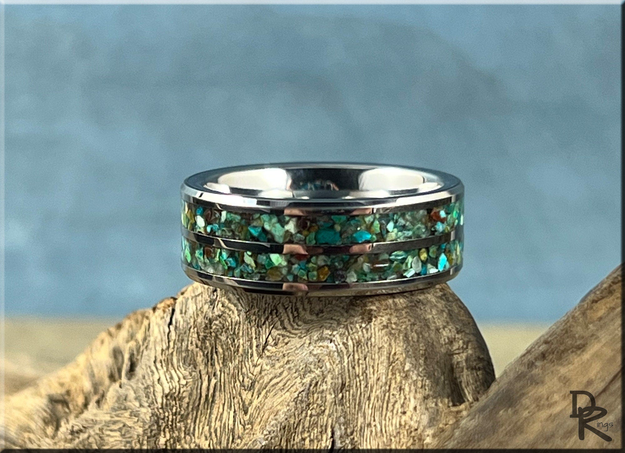 Tungsten carbide ring with two inlays featuring green and brown stone design by DR Rings