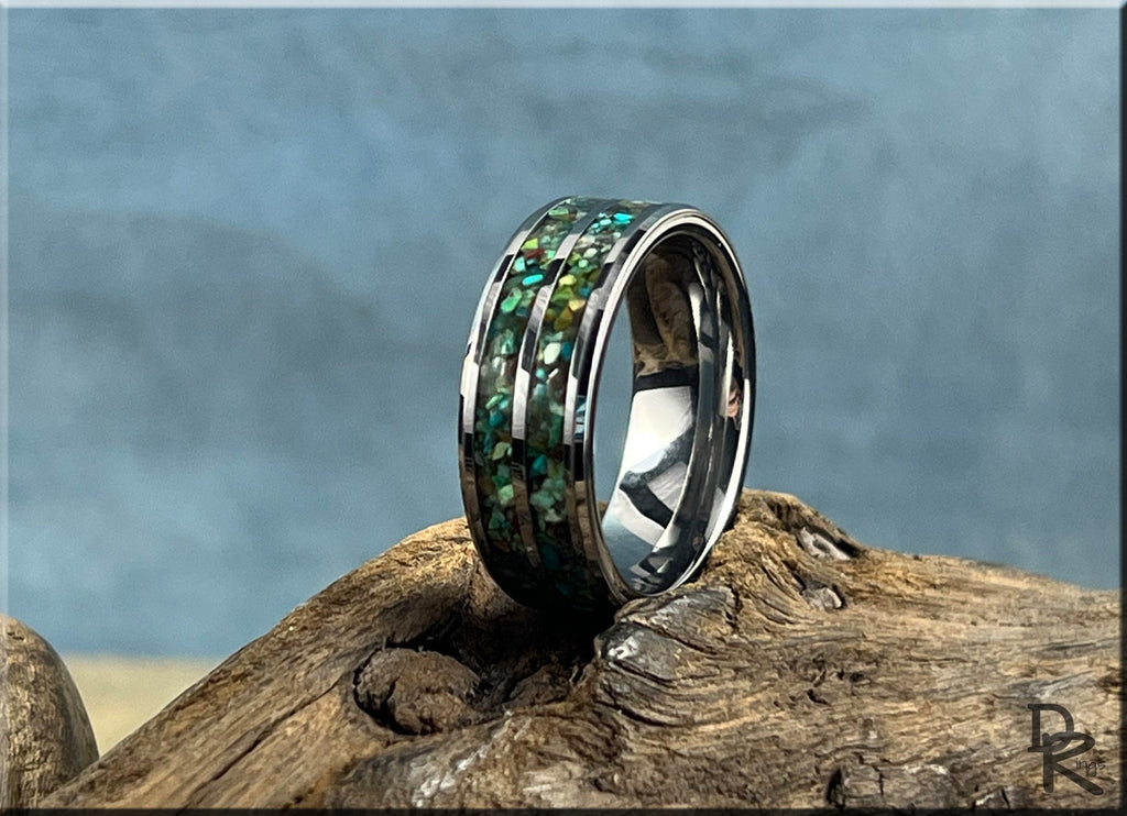 DR Rings tungsten carbide ring with two inlays featuring green and blue abalone shell design