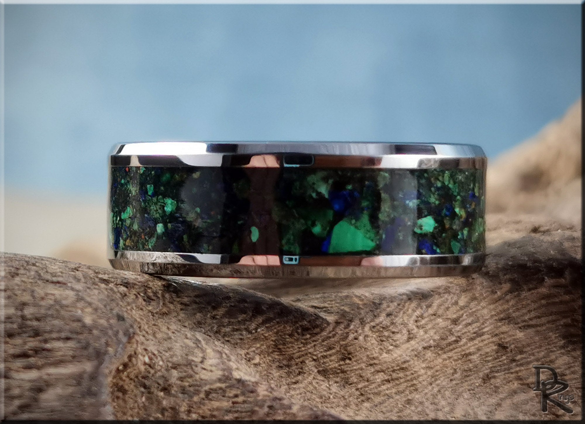 DR Rings tungsten ring carbide with green and blue stone inlay and polished silver edges