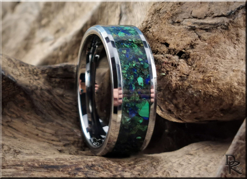 DR Rings tungsten ring carbide with blue and green inlay design on natural wood background