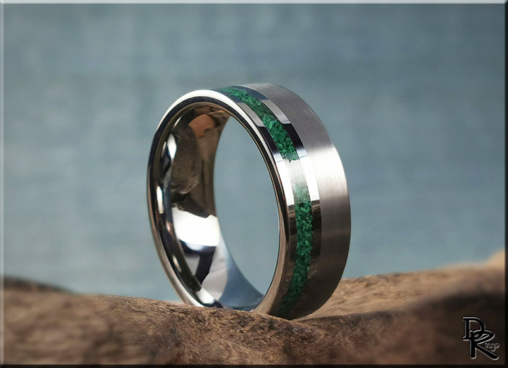 DR Rings tungsten ring carbide with polished silver finish and green inlay design on textured background