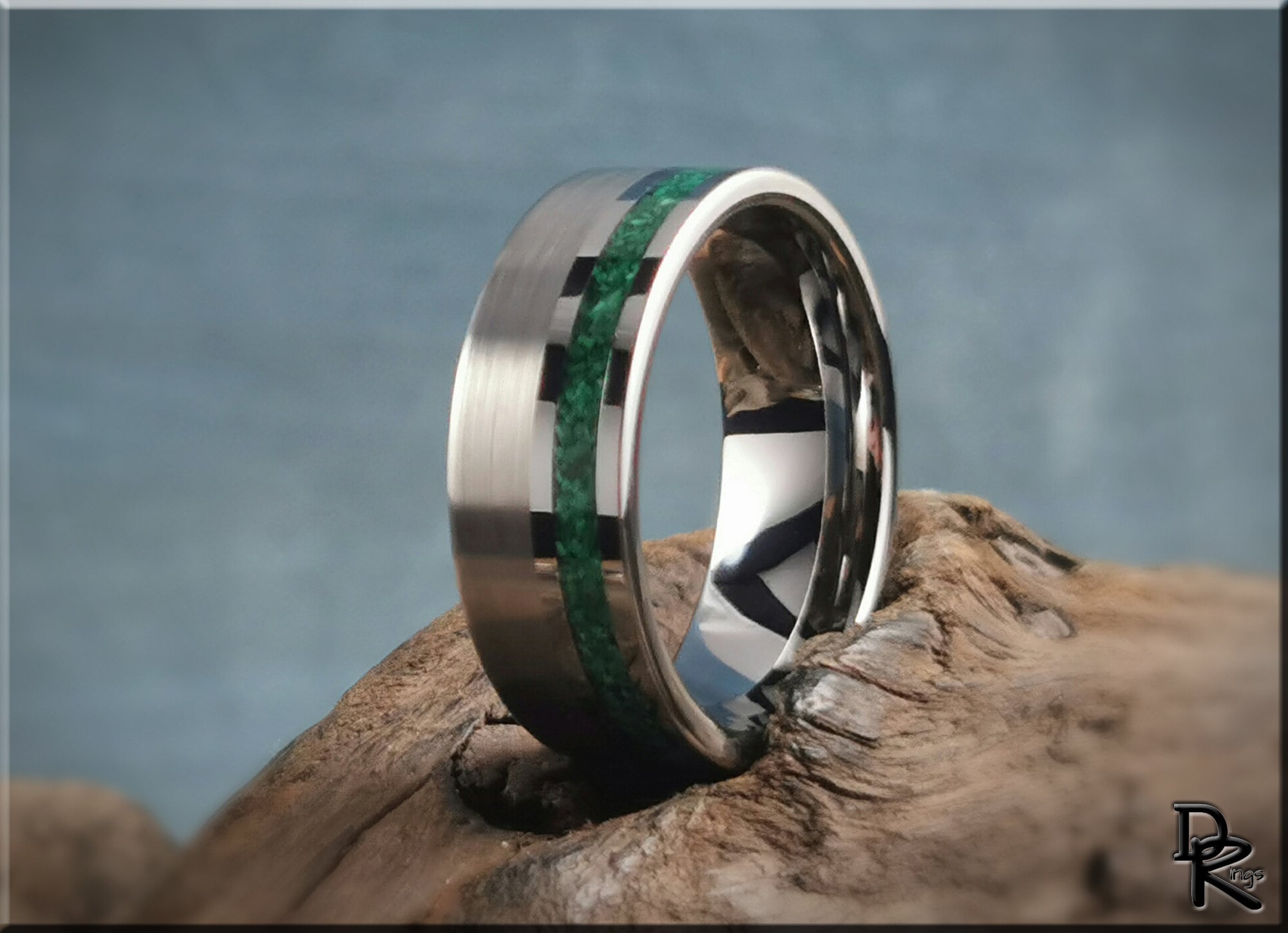 Tungsten ring carbide with green stone inlay and polished silver finish by DR Rings
