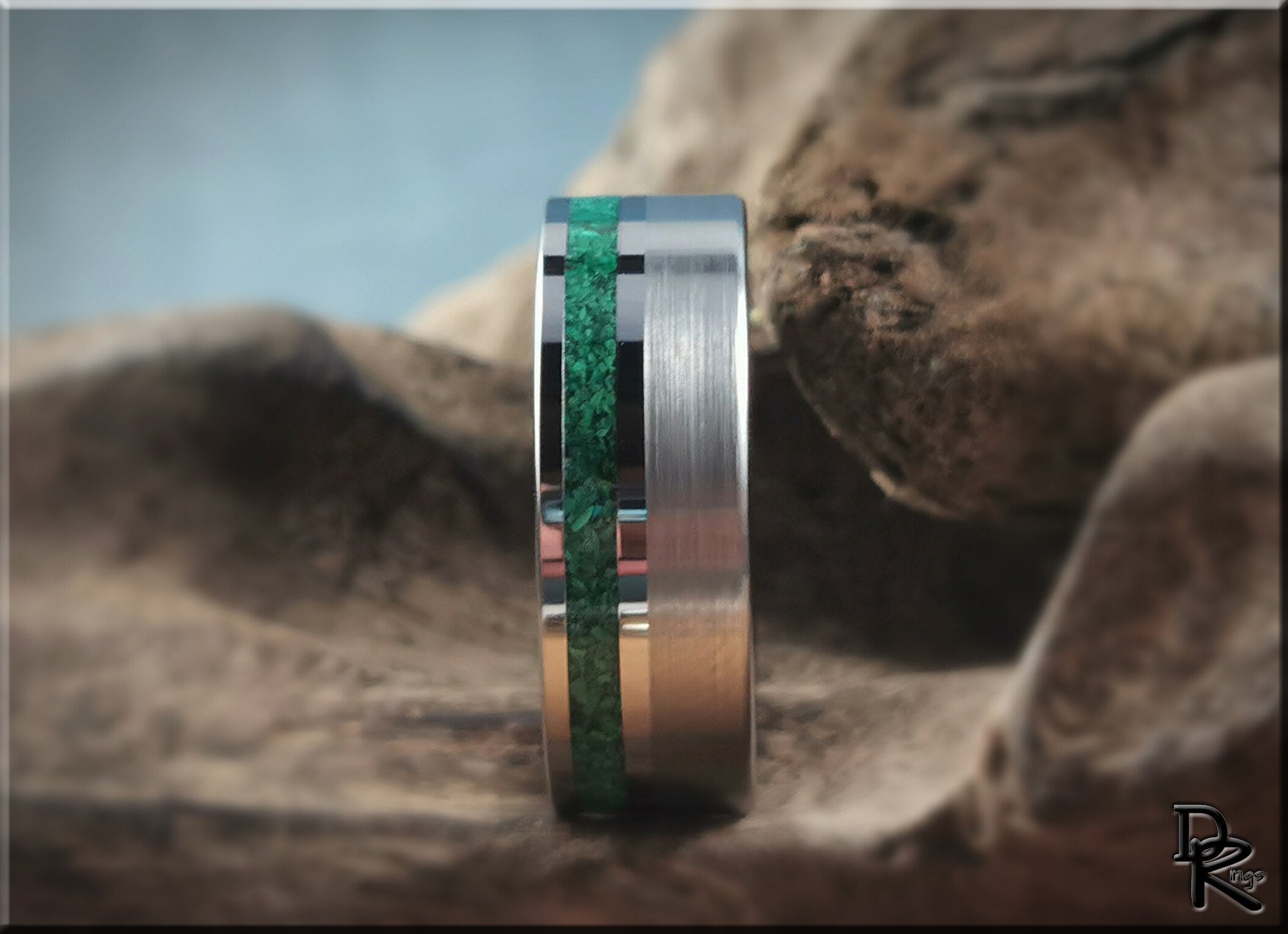DR Rings tungsten ring carbide with green stone inlay and brushed metal finish