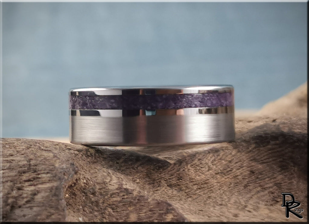 DR Rings tungsten ring with amethyst inlay featuring a polished silver band design