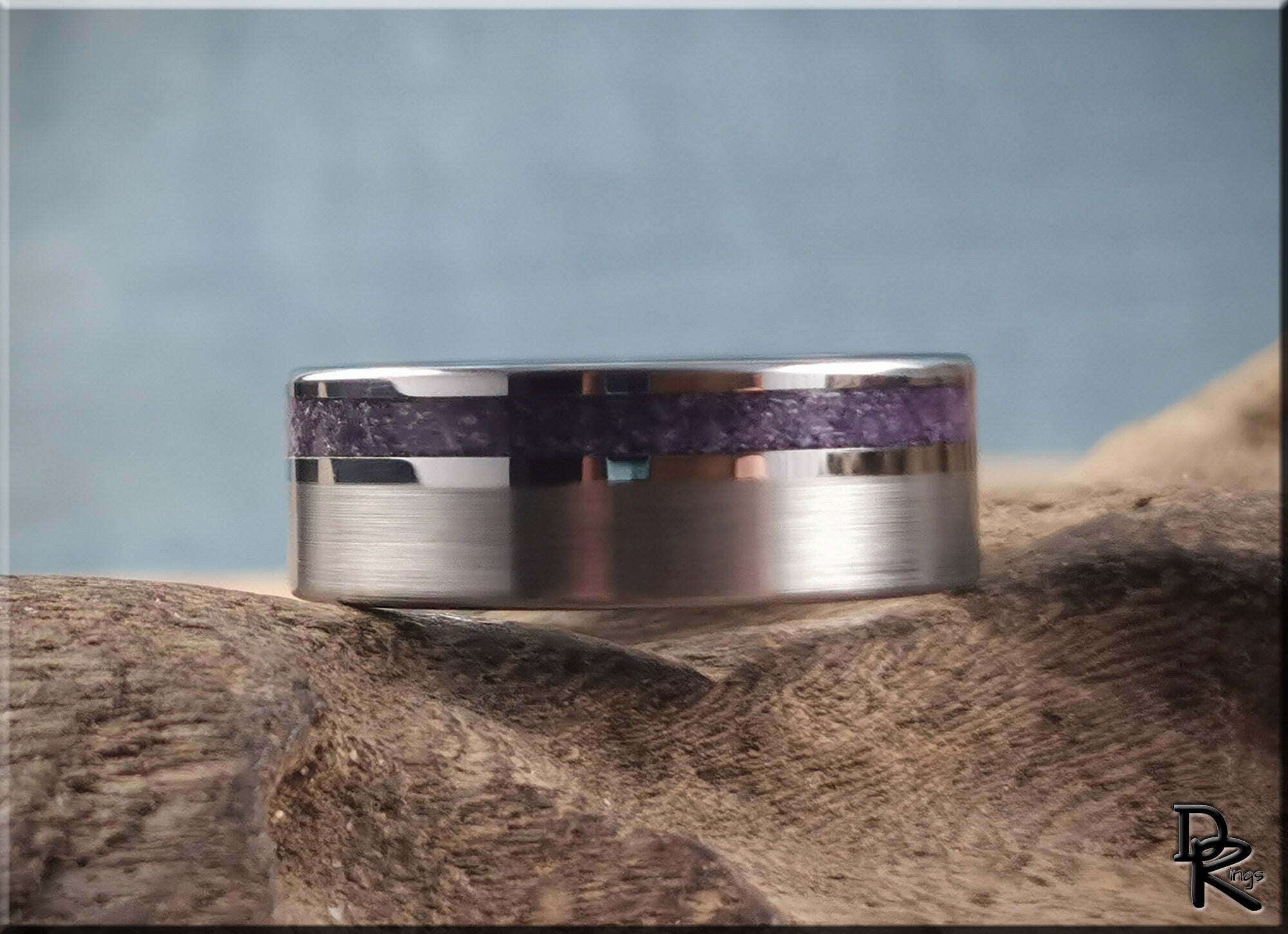 DR Rings tungsten ring with amethyst inlay featuring a polished silver band design