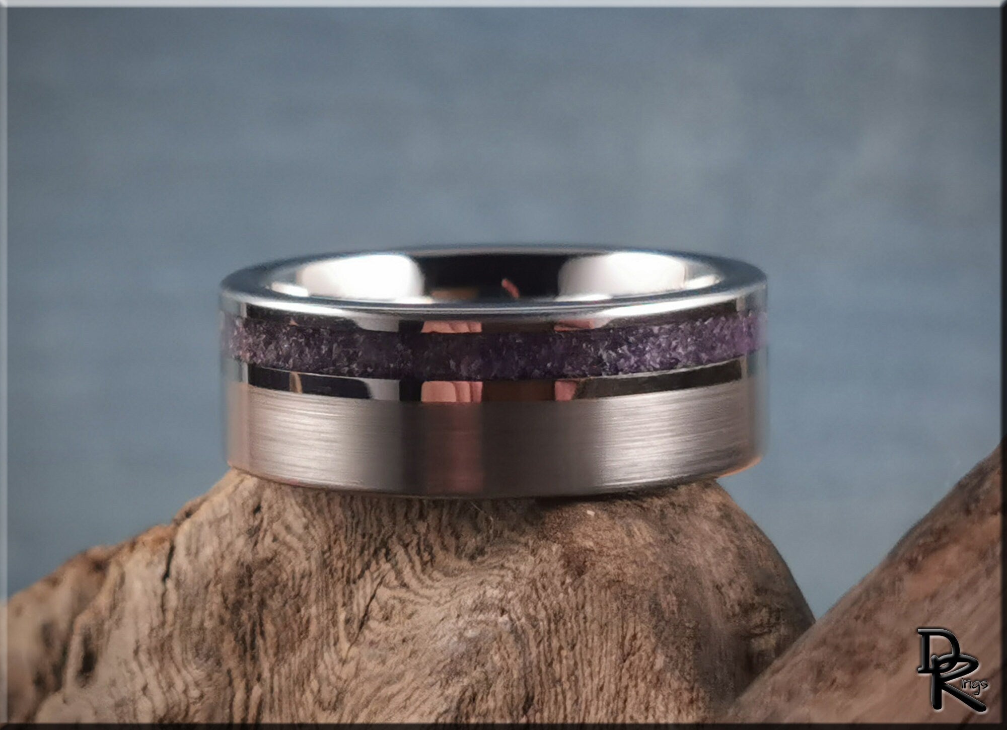 Tungsten ring with amethyst inlay featuring brushed and polished metal finish by DR Rings