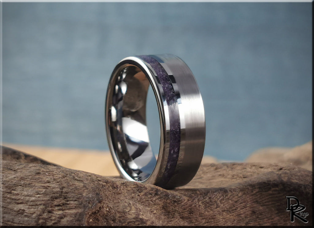 Tungsten ring with amethyst inlay featuring a polished silver finish by DR Rings