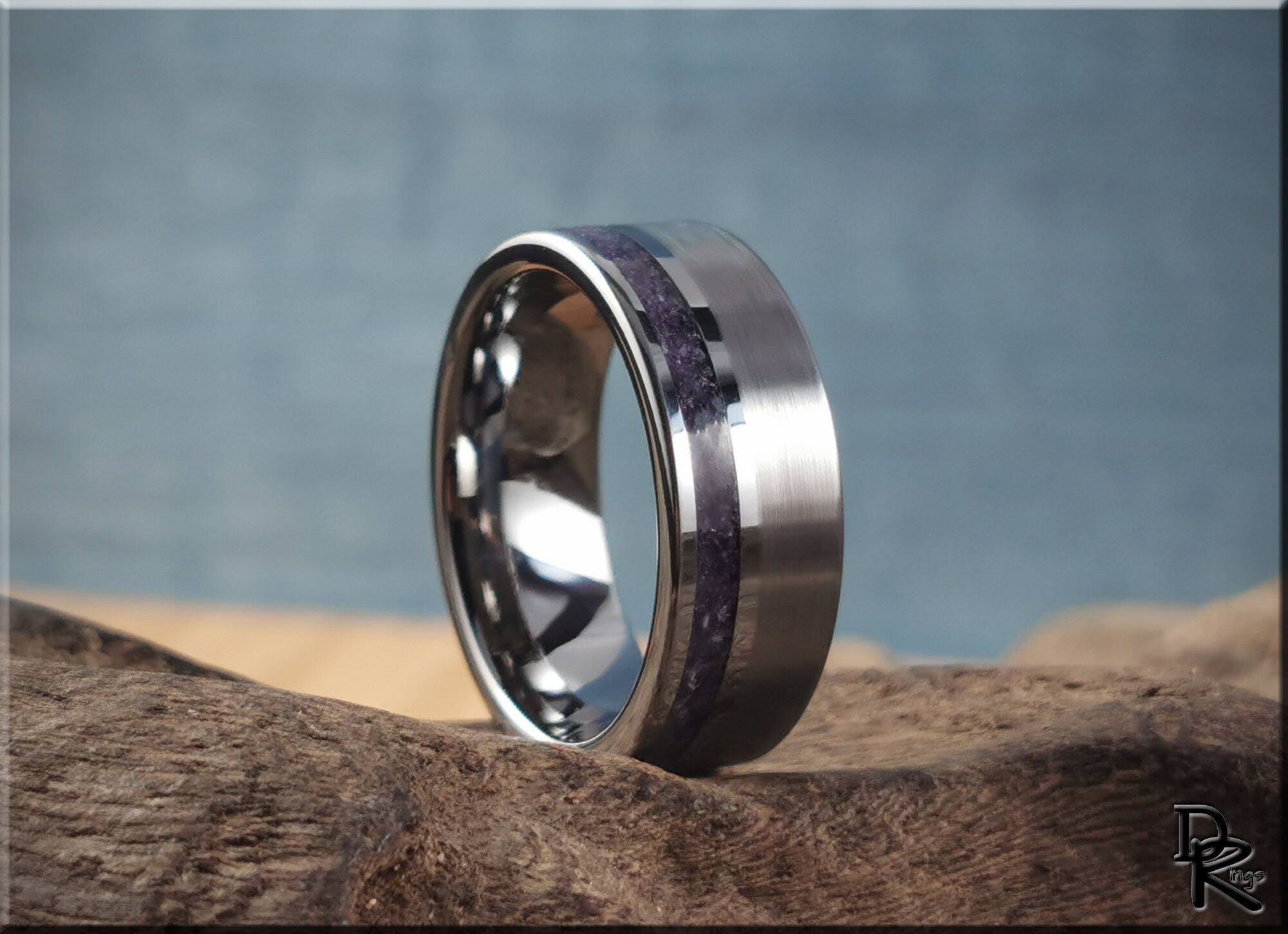 Tungsten ring with amethyst inlay featuring a polished silver finish by DR Rings