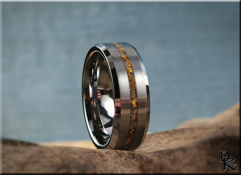 DR Rings tungsten ring with jasper inlay featuring polished metal and amber stone detail