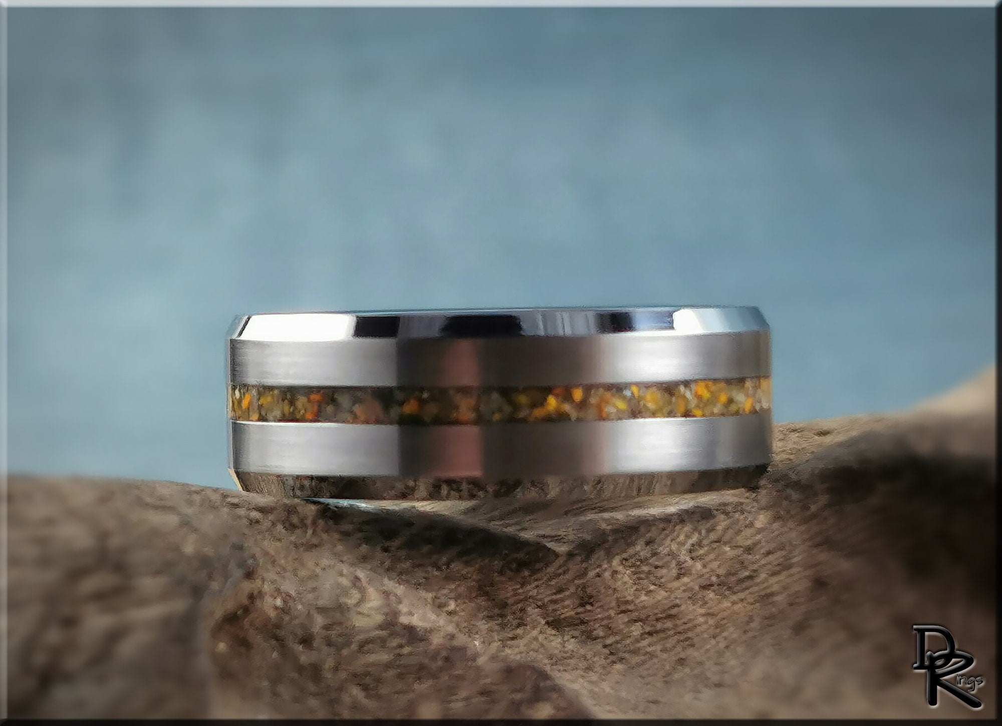 Tungsten ring with jasper inlay featuring a polished silver finish and earthy stone design by DR Rings