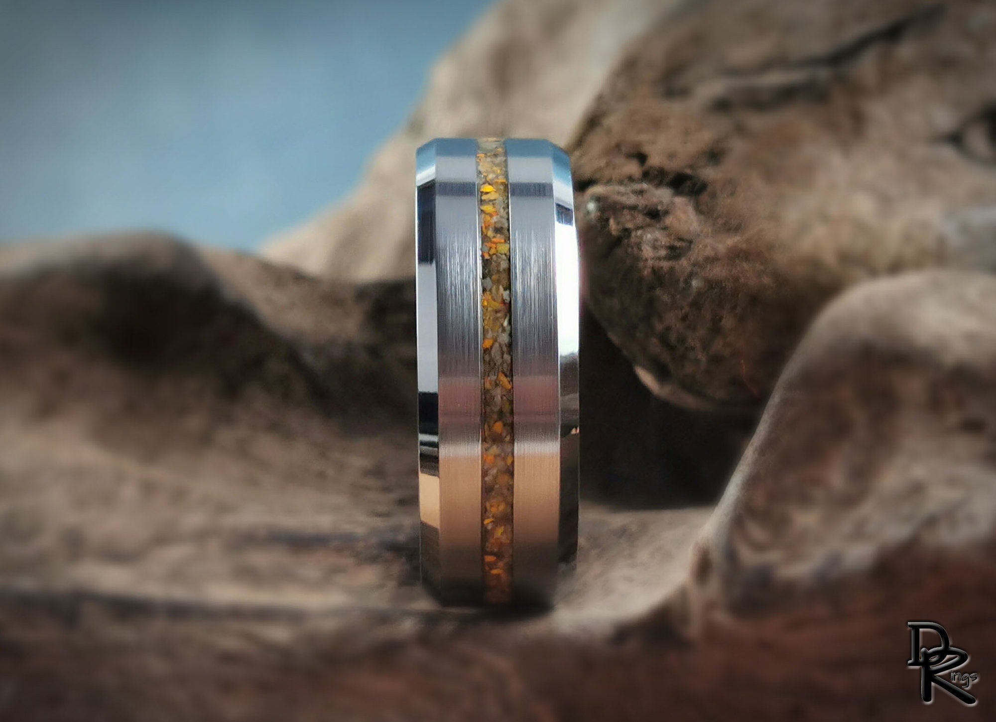 DR Rings tungsten ring with jasper inlay featuring a polished silver band and amber stone detail