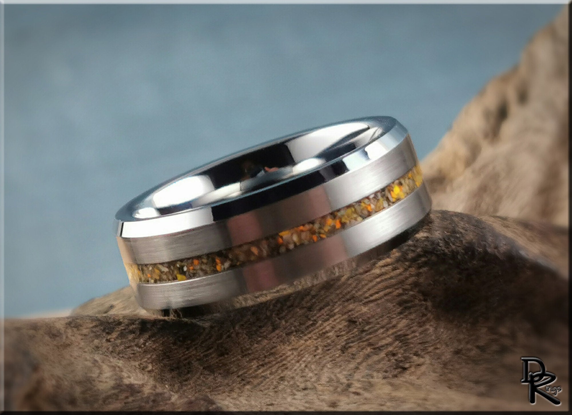 DR Rings tungsten ring with jasper inlay featuring polished silver finish and orange stone detail