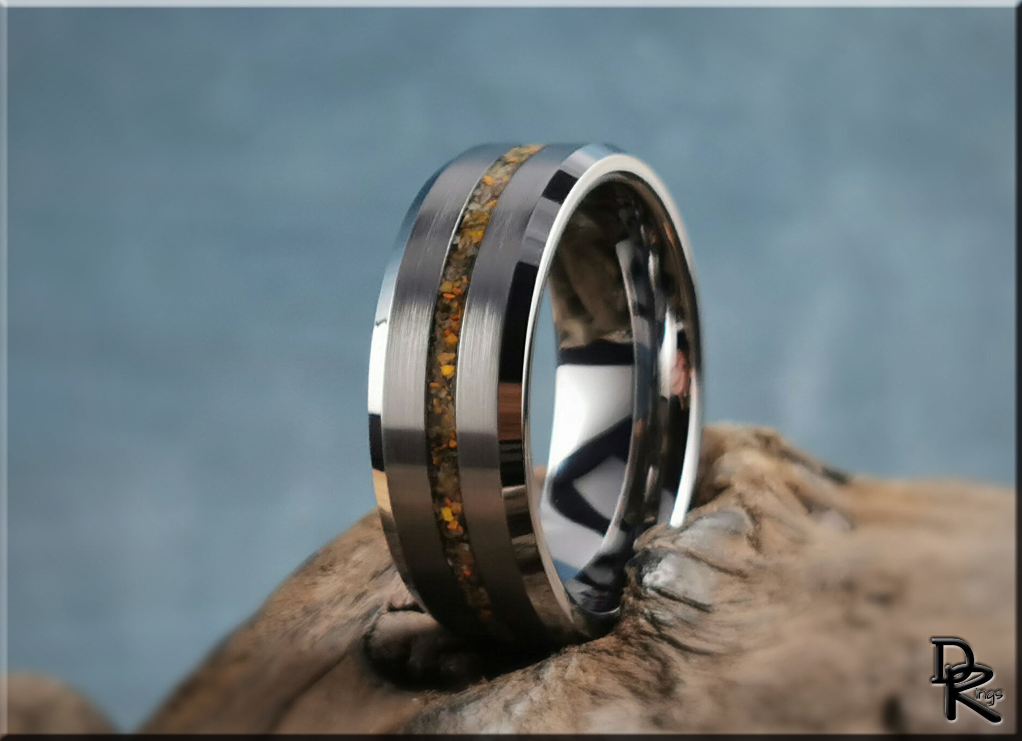 Tungsten ring with jasper inlay featuring a polished silver finish and earthy stone detail by DR Rings