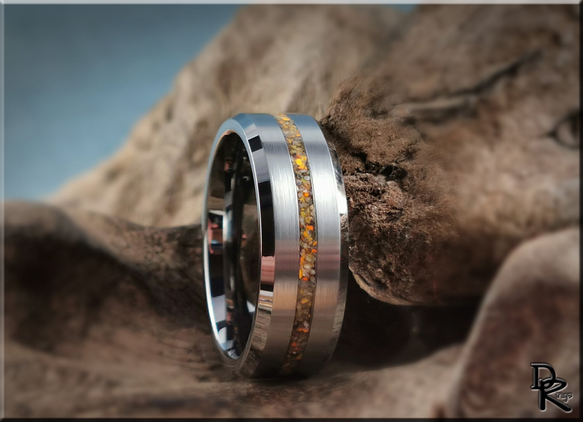 DR Rings tungsten ring with jasper inlay featuring a polished silver finish and amber stone detail
