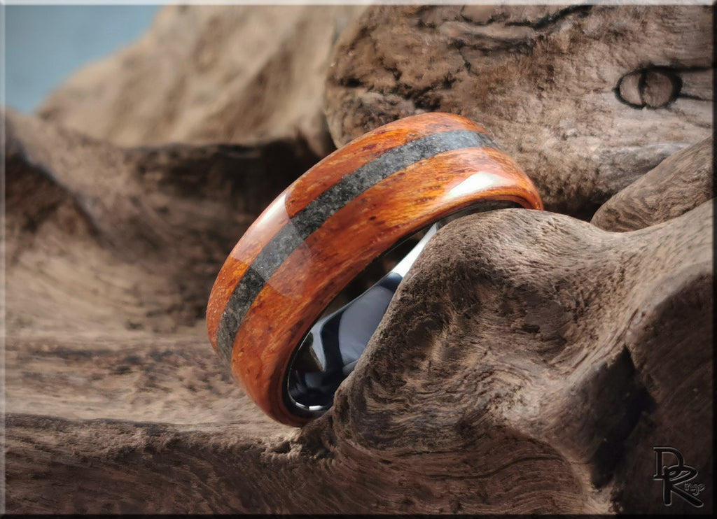 Wood ring with inlay featuring polished brown wood and dark stripe design by DR Rings
