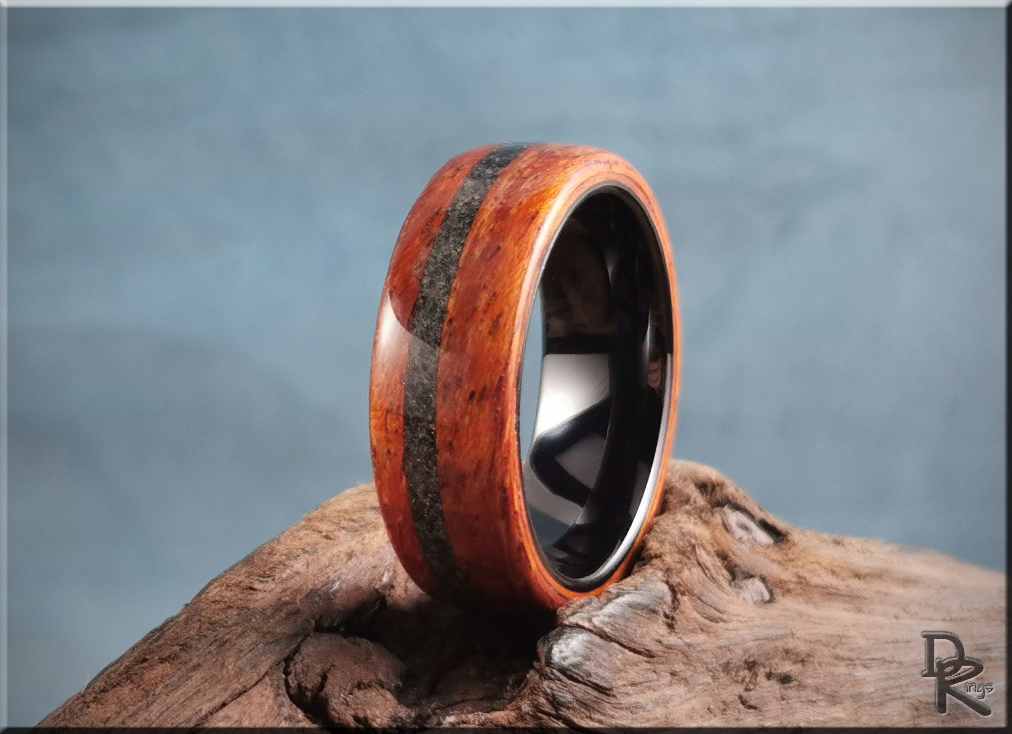 DR Rings wood ring with inlay featuring polished dark center and natural wood grain finish