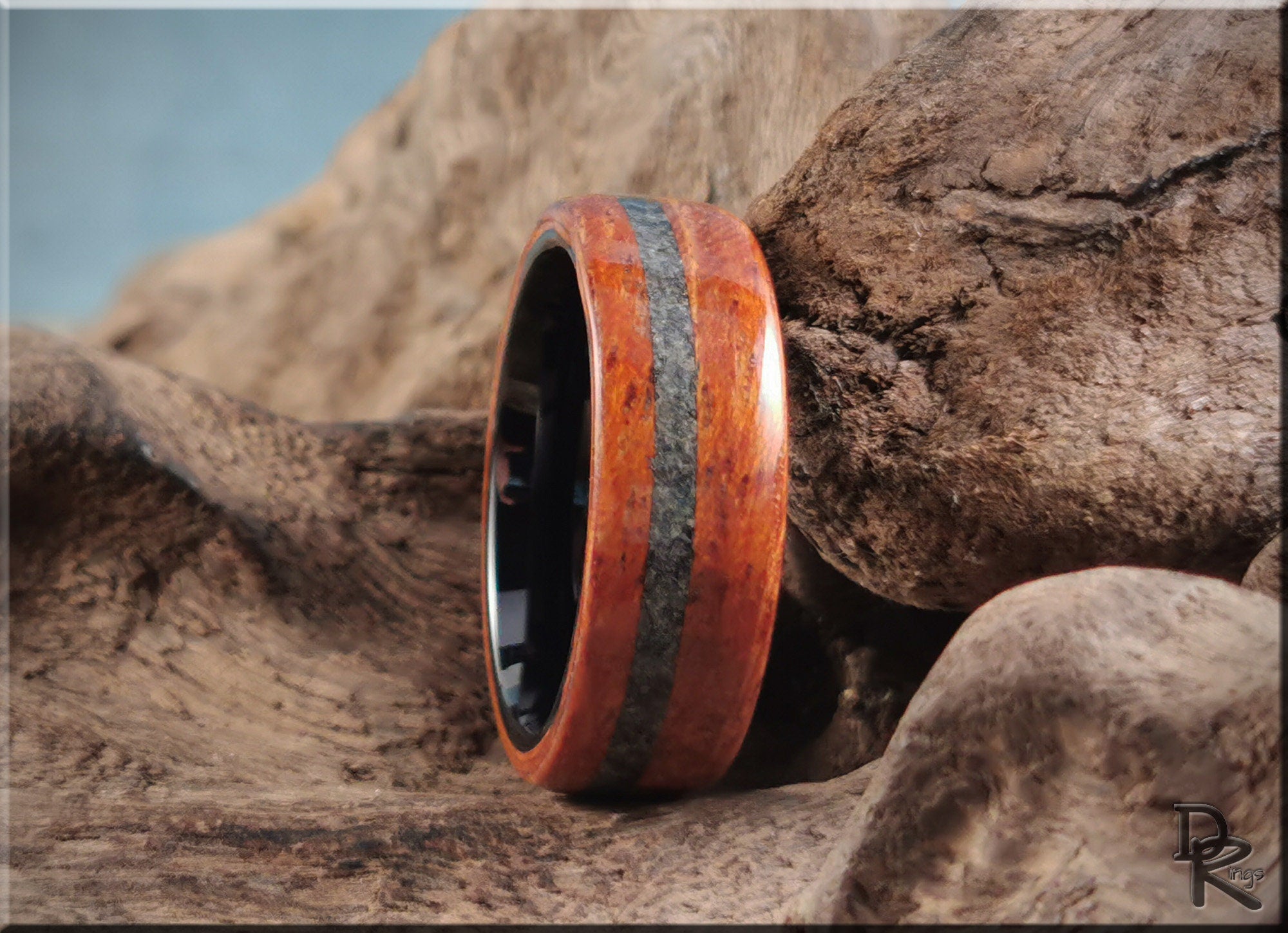 DR Rings wood ring with inlay featuring a polished reddish wood band and dark central stripe