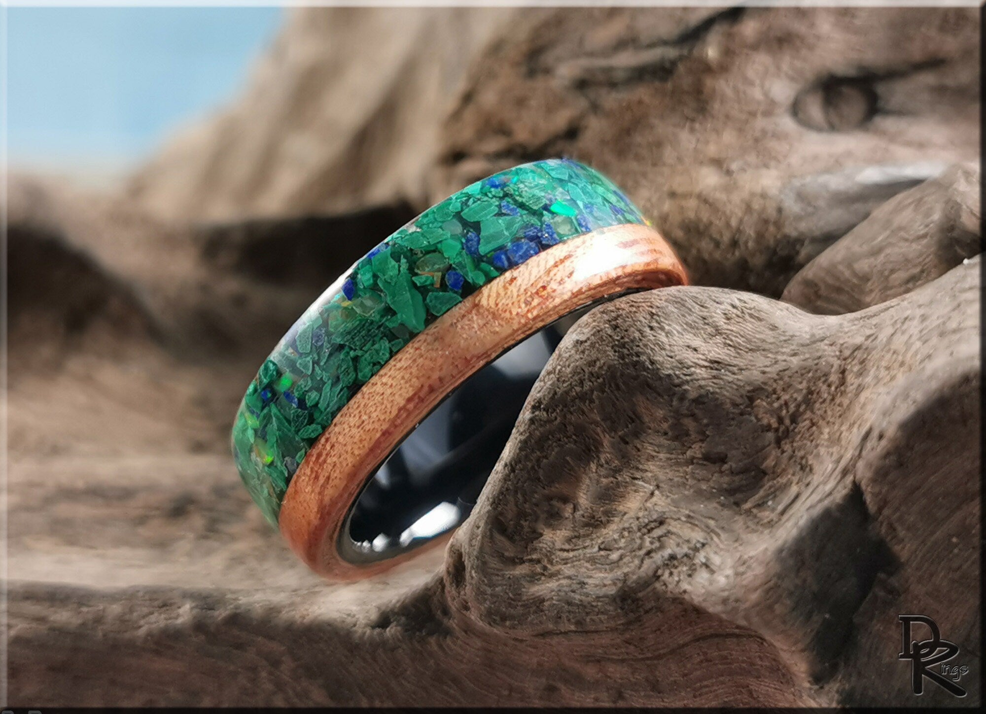 DR Rings wood ring with malachite featuring green stone inlay and natural wood band