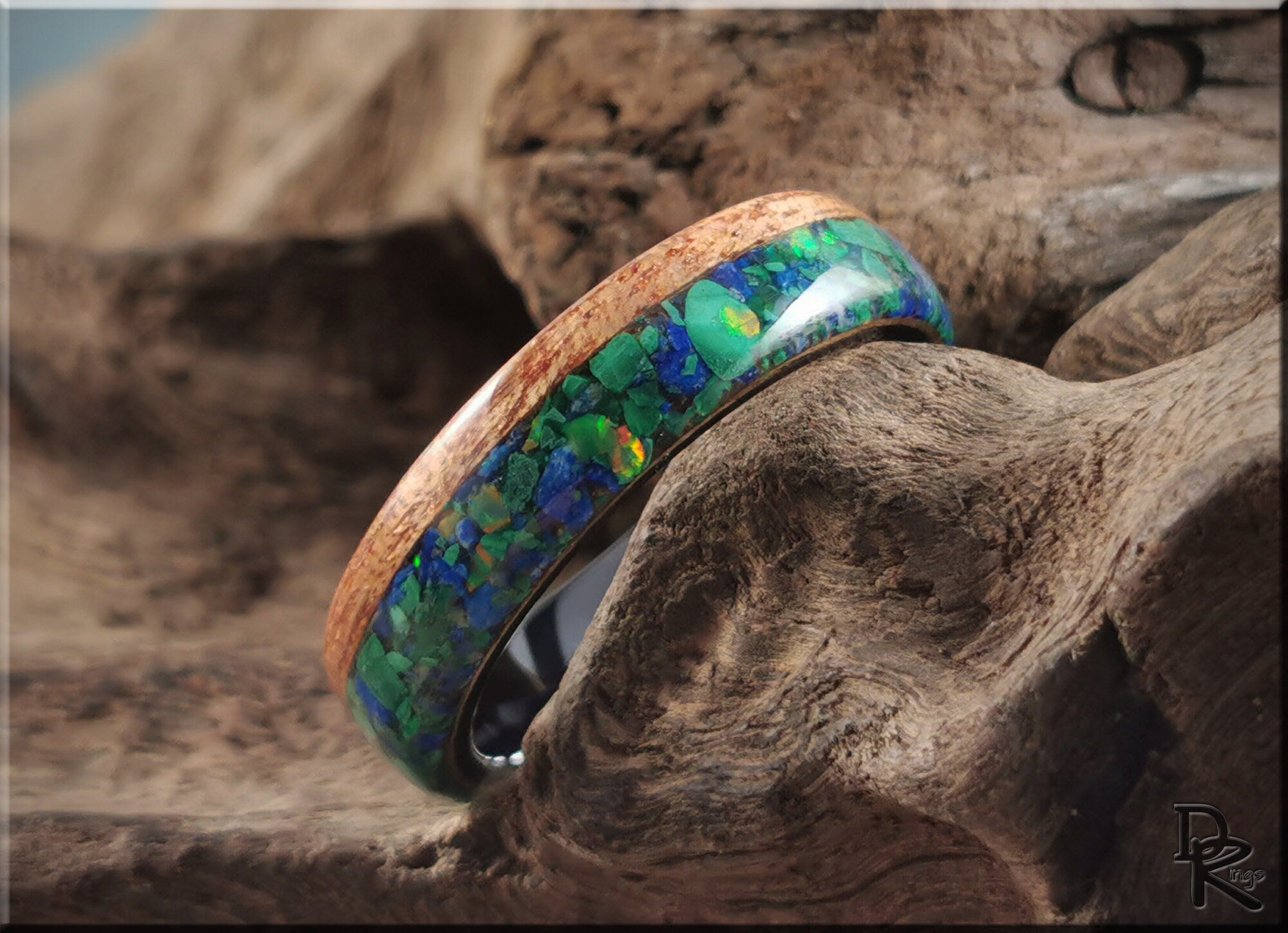 DR Rings wood ring with malachite featuring vibrant green-blue inlay and natural wood band